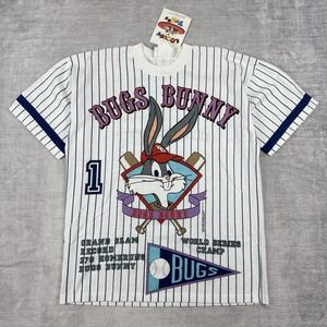 Vtg‎ Loony Tunes Shirt Mens Large White 1992 Bugs Bunny Baseball Pinstripe Aop